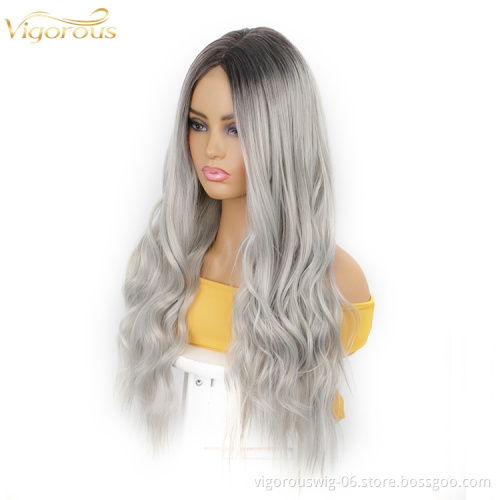 26 inch Synthetic fiber Lace Long Body Wavy Wig Middle Parting Ombre Grey for Women Daily Party Use Heat Resisitant Vendor Price